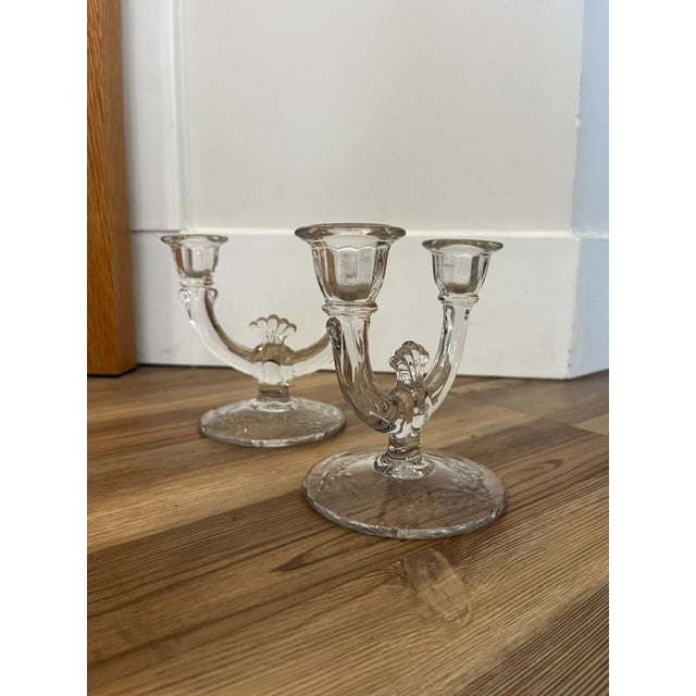 Mid-Century Modern Antique Mid-Century Modern Paden City Lucy Pattern Clear Glass Twin Arm Double Candelabras - Pair For Sale - Image 3 of 10