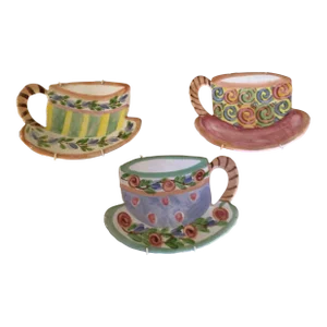 Set of 3 Whimsical Pastel Hand-Painted & Signed Ceramic Decorative Tea Cups and Saucers With Wall Brackets, 1990s