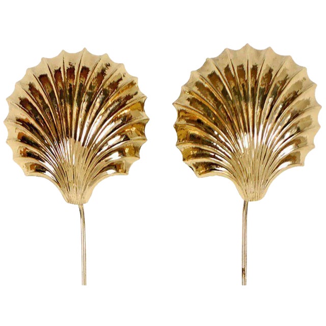 Cast and Hammered Brass Shell Sconces With Cord Covers Cicra 1970s For Sale
