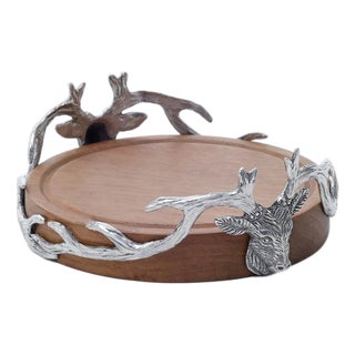 St. Anton Wood & Pewter Wine Coaster with Stag Head Design For Sale