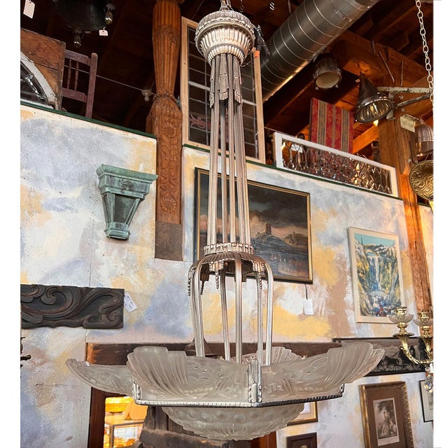 Vintage French Georges Leleu Art Deco Cast Metal and Glass 9-Light Chandelier For Sale - Image 12 of 12