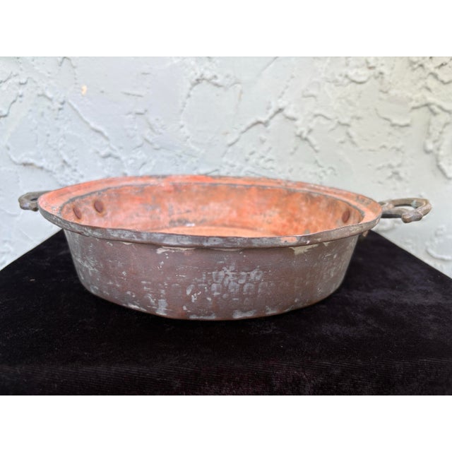 Rustic European Vintage Primitive Copper Tone Handled Serving Pan With Brass Handles For Sale - Image 3 of 9