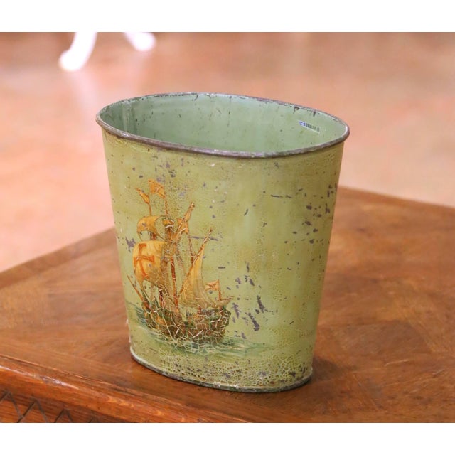 Early 20th Century Early 20th Century French Hand-Painted Tole Waste Basket With Sailing Ship For Sale - Image 5 of 9