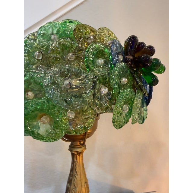 Beautiful 1970s Hollywood Regency Hand Blown Murano Glass Textured Translucent Blue, Green and Yellow Flowers Lampshade With Original Base For Sale - Image 10 of 12