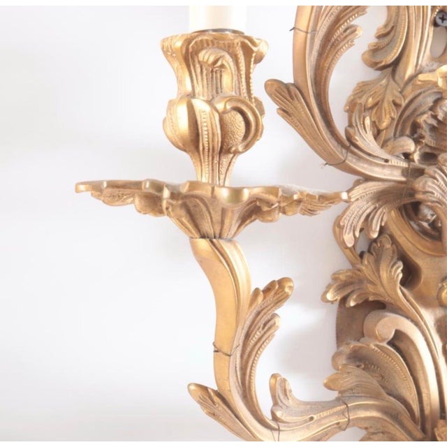 Pair of French Louis XV Style Five-Light Gilt Brass Sconces For Sale - Image 4 of 9