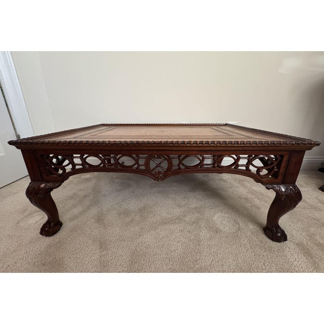 Wood 1980s Maitland-Smith Cocktail Table: Tooled Leather, Carved Fretwork, Ball & Claw Feet For Sale - Image 7 of 12