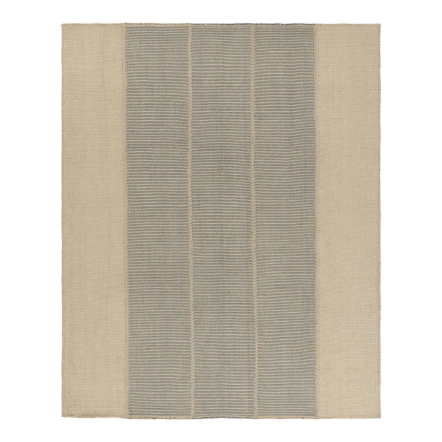 Rug & Kilim’s Contemporary Kilim With Textural Beige and Ice Blue Stripes For Sale