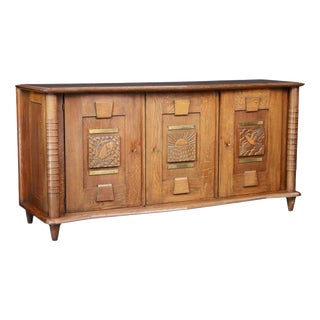 French Art Deco Oak and Brass Sideboard with Carved Reliefs, 1930s For Sale
