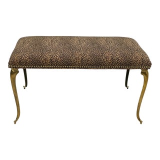 Italian Brass Rectangular Bench Upholstered in Chic Leopard Ultrasuede For Sale