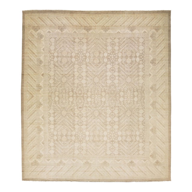 Hand-Knotted Khotan Inspired Transitional Wool Rug - Neutral Earth Tones 18x20 For Sale