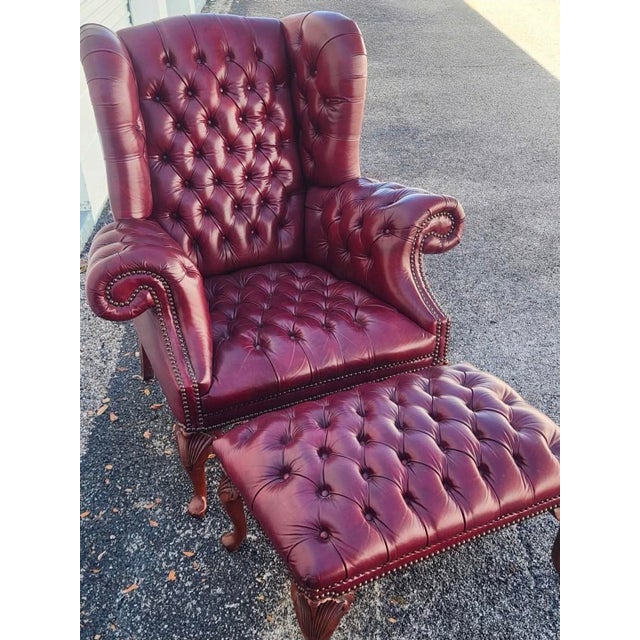 Animal Skin Vintage Carolina Leather House Oxblood Tufted Chesterfield Sofa, Wingback Chair & Ottoman - 3 Piece Set For Sale - Image 7 of 18