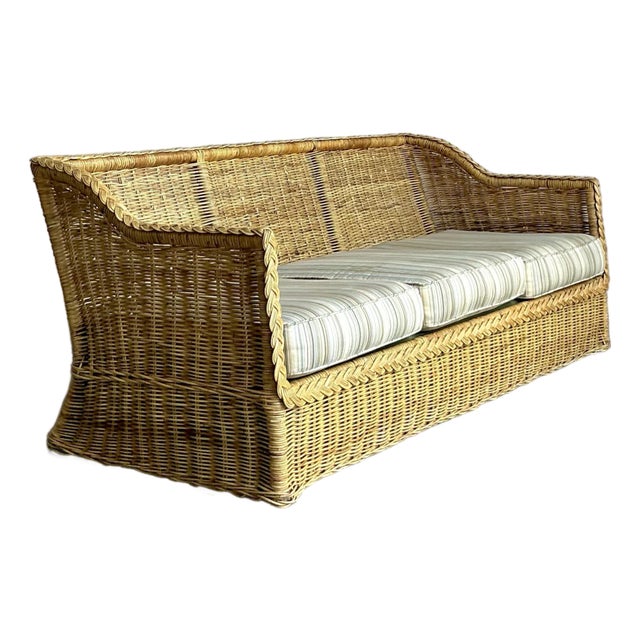 Vintage Coastal Braided Rattan Sofa For Sale