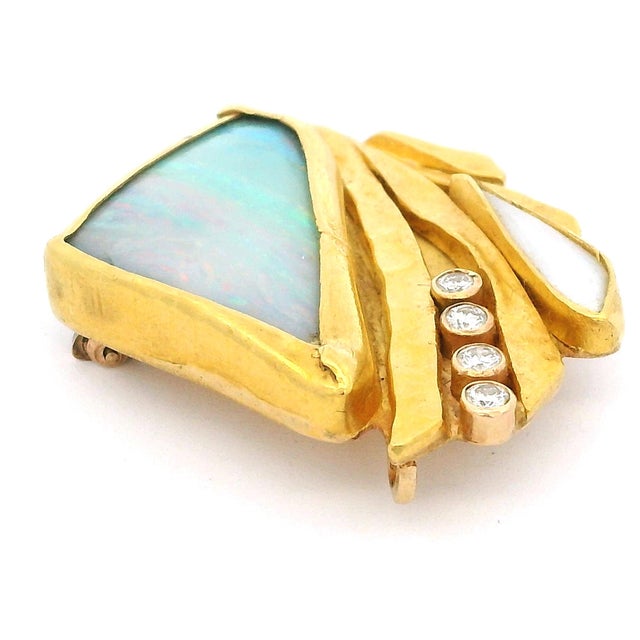 1970s Vintage American Studio 22k Gold Opal Diamond Modernist Brooch For Sale - Image 5 of 14