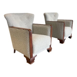 Pair of 1950s Danish Art Deco Beech Wood Club Chairs in Oyster White Bouclé For Sale