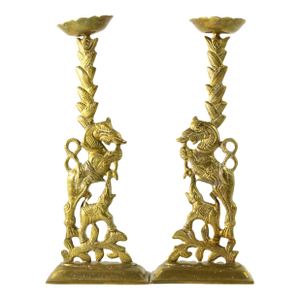 19th Century Pair Candleholders Prickets Lions Elephants Dutch Colonial Indonesia