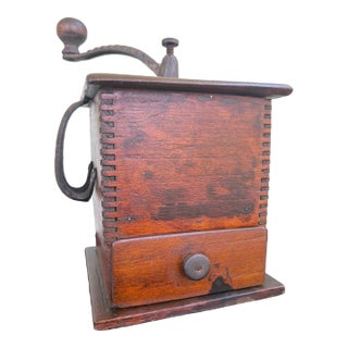Antique Primitive Wooden Box Coffee Grinder With Iron Crank For Sale
