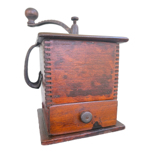 Antique Primitive Wooden Box Coffee Grinder With Iron Crank