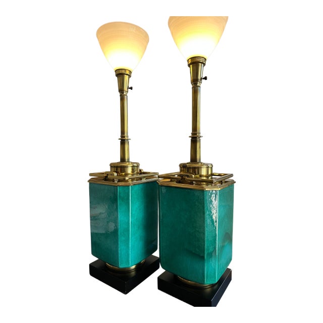Pair of Stiffel Mid-Century Turquoise Jade Lamps W/ Antique Brass Hardware & Milk Glass Shades, Designed by Edwin Cole, Provenance the Broadmoor Hotel For Sale