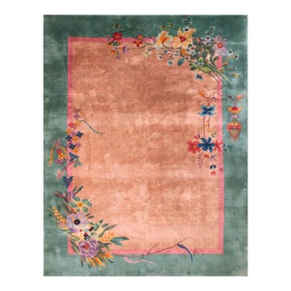 1920s Antique Chinese Beige Cream Open Field Floral Art Deco Wool Knotted Rug For Sale