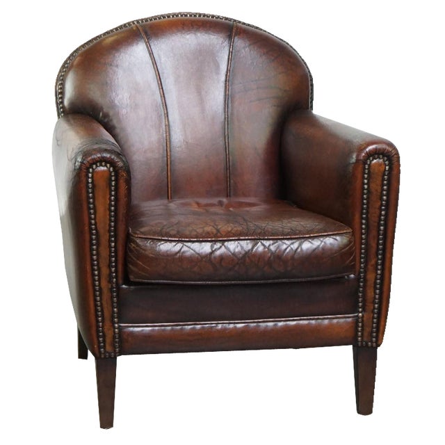 Vintage Armchair in Patinated Sheep Leather For Sale
