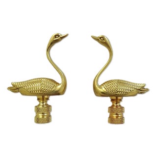 Pair of Polished Brass Swan Lamp Finials Birds For Sale