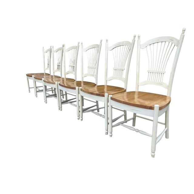 Wheat Back Dining Chairs, Set of Six, Malaysian Export, French Countyside, Rustic, Wood, Cottage For Sale - Image 9 of 12