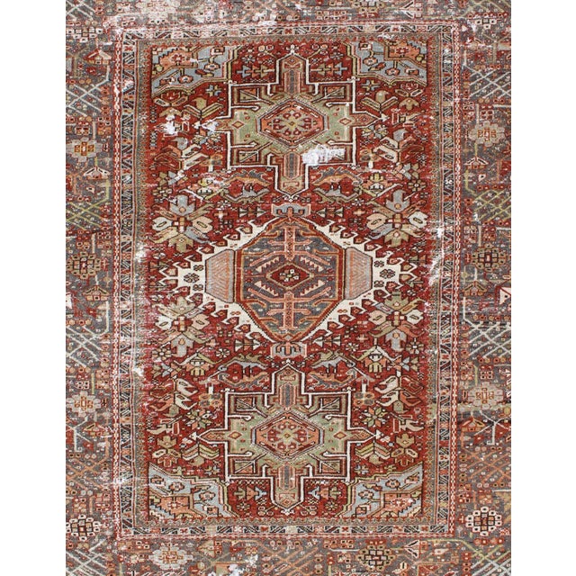 Tribal Antique Persian Heriz Rug Featuring Geometric Medallion Design in Rust and Ivory 4'8 X 6'2 For Sale - Image 3 of 13