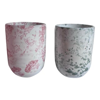 Vintage Bybee Pottery Marbled Hand-Thrown Ceramic Cups / Tumblers - Pair (Pink & Sage Green) For Sale