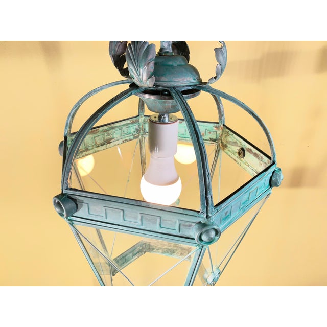 Vintage Style Solid Brass Verdigris Hanging Lantern - Restored & Rewired For Sale - Image 12 of 14