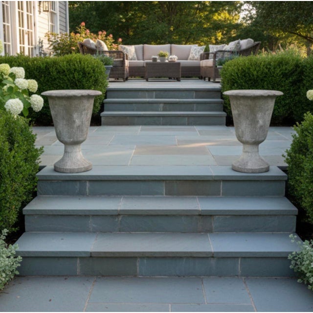 Oyster Gray Pair of Brutalist Cast Stone Sculptural Urns on Footed Base For Sale - Image 8 of 10