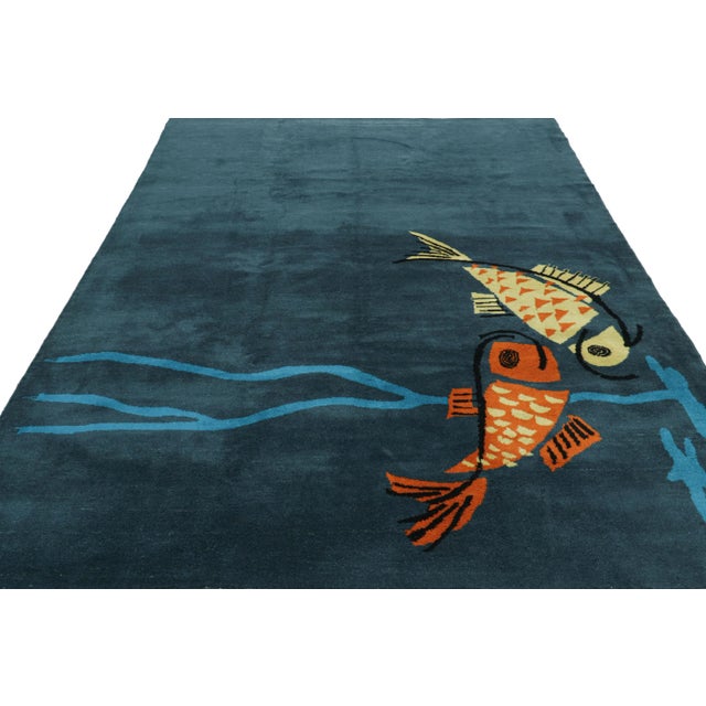1960s Vintage Zeki Müren Rug in Navy Blue With Fish Pictorials | Rug & Kilim For Sale - Image 5 of 7