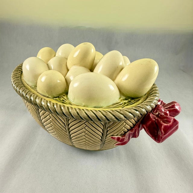 Majolica French Majolica Choisy Le Roi Egg Basket & Bows Lidded Tureen For Sale - Image 4 of 18