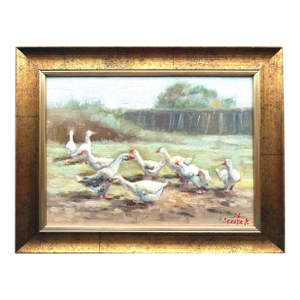 Framed Goose Original Painting Summer Landscape