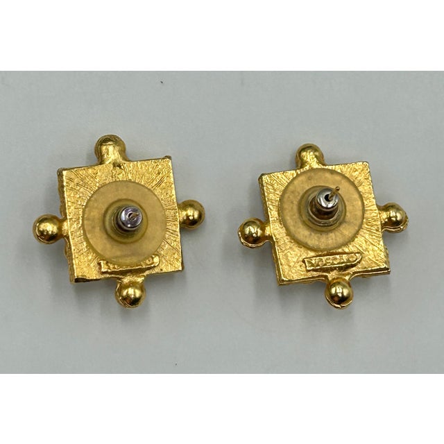 1980s Gerard Yosca Amber Glass Gold Toned Pierced Earrings Signed Vintage For Sale - Image 5 of 6