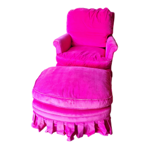 1950s Vintage Hollywood Regency Pink Velvet Armchair & Ottoman With Ruffle Skirt