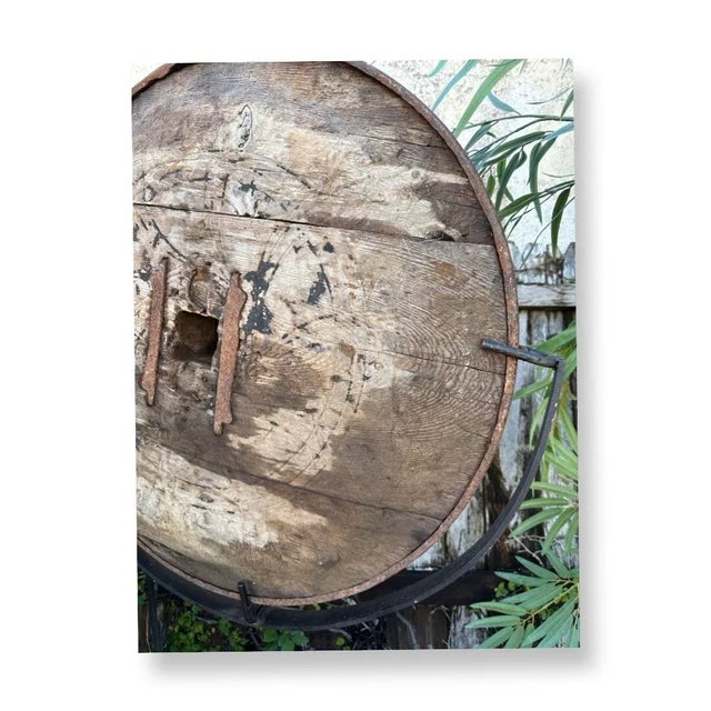 Abstract Antique Carved Wooden Wagon Wheel Sculpture Mounted on Iron Base. For Sale - Image 3 of 5