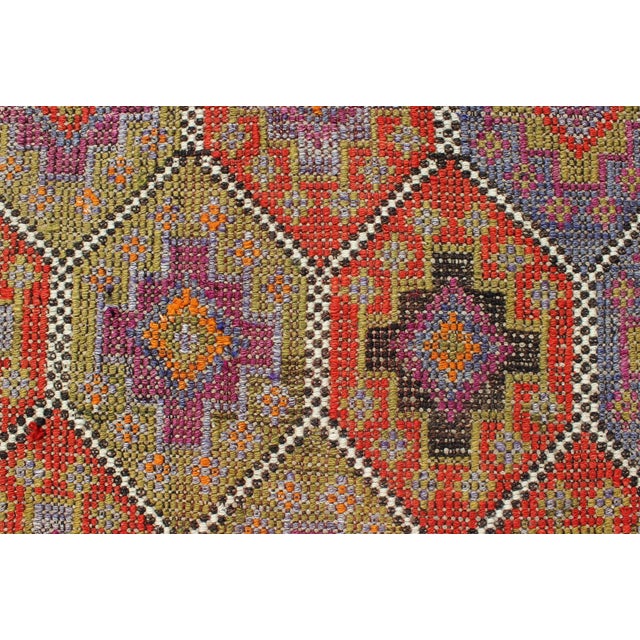 Colorful Vintage Turkish Flat-Weave Tribal Modern Kilim With Embroideries For Sale - Image 9 of 12