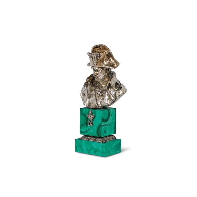 French An Exquisite French Silver and Malachite Bust of Napoleon, by Emile Pinedo For Sale - Image 3 of 9