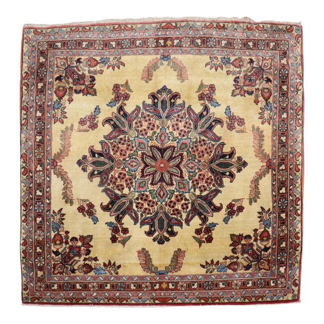Zabihi Collection Ornate Square Yellow Ground Sarouk Rug For Sale