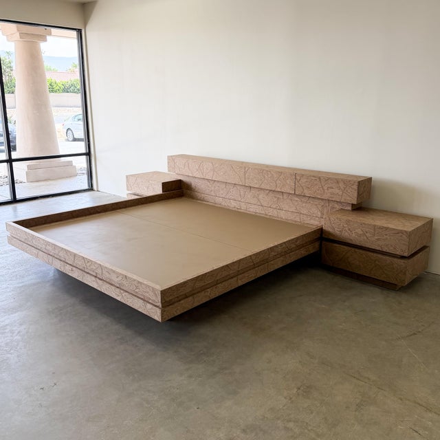 Taupe Vintage Postmodern 1980s Burlwood King Platform Bed & Nightstands For Sale - Image 8 of 12