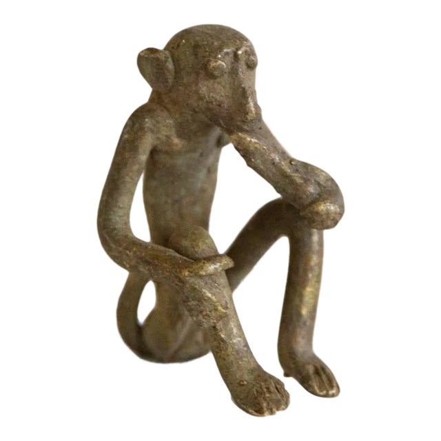 Vintage African Bronze Sitting Monkey Eating Banana For Sale