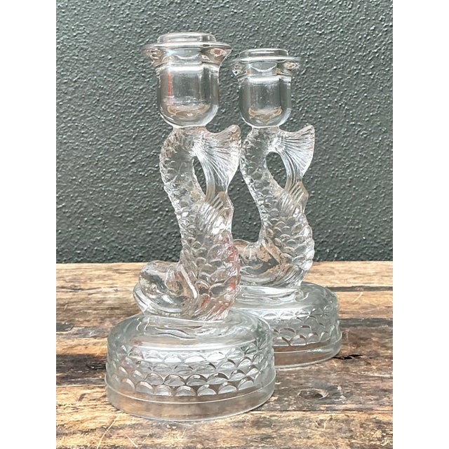 Transparent Vintage Dolphin Glass Candlesticks - A Pair For Sale - Image 8 of 12