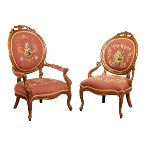 Victorian Pair of Needlepoint Upholstered Parlor Armchairs