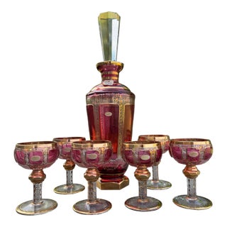 Early 1900s Moser Bohemian Cranberry Paneled Cabochon 24k Gold Decanter Set For Sale