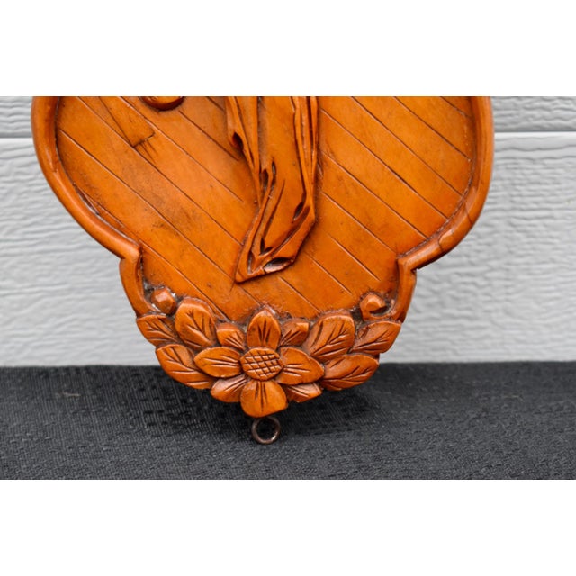 Wood Vintage Chinese Hand Carved Wood Wall Plaque High Relief Asian Woman Flower Art For Sale - Image 7 of 13