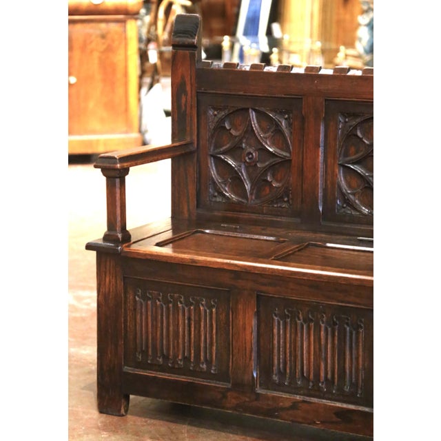 Gothic Early 20th Century French Gothic Revival Carved Oak Hall Bench With Storage For Sale - Image 3 of 9