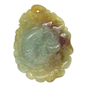 Quality Carved Jade Pendant With Fish Biting Fortune on Lotus Leaf