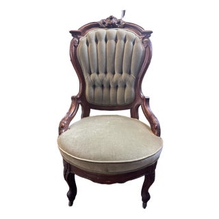 Antique Victorian Parlor Chair With Olive Green Upholstery For Sale