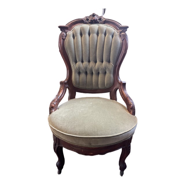 Antique Victorian Parlor Chair With Olive Green Upholstery For Sale