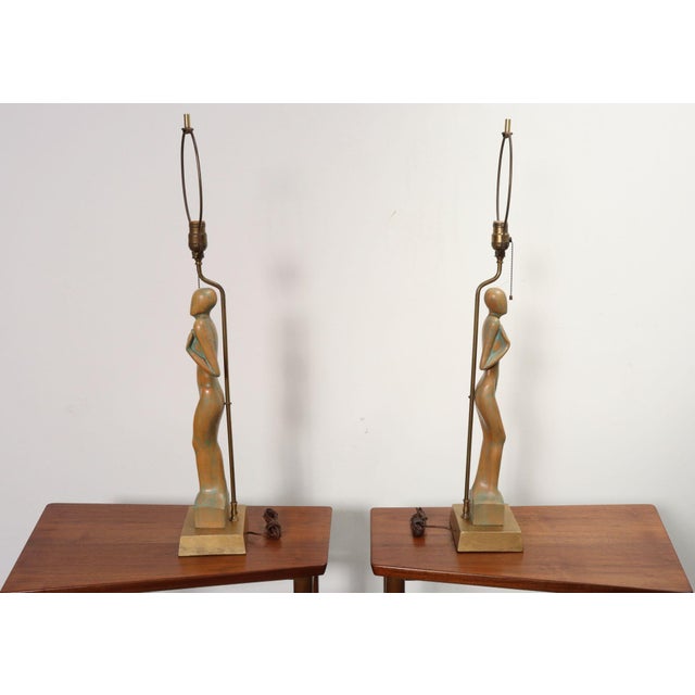 Vintage Male and Female Figural Carved Table Lamps by Clifford C Stasack - Pair For Sale In New York - Image 6 of 18